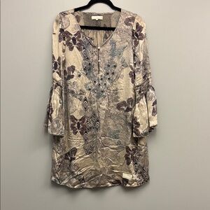 Odd Molly 100% Silk Embroidered Taupe & Purple Bell Sleeve Tunic Dress - Size 2